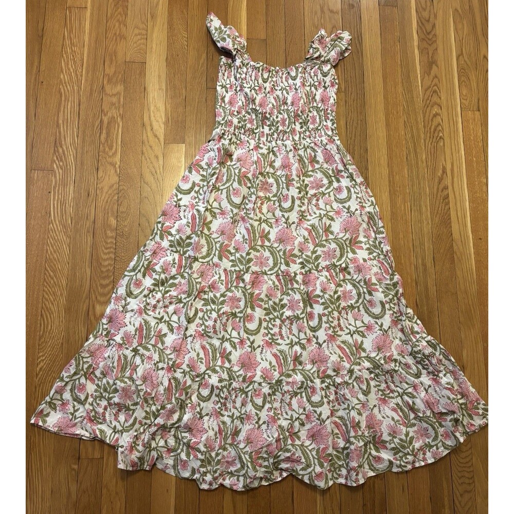 Jude Connally Peony Cotton Voile Dress Pink Botanical White Floral Midi Smock M